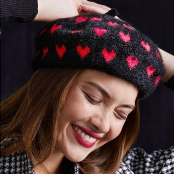 Anthropologie Maeve Red Heart Beret‎ Black Fuzzy Knit O/S NWT Romantic Hat main image 8